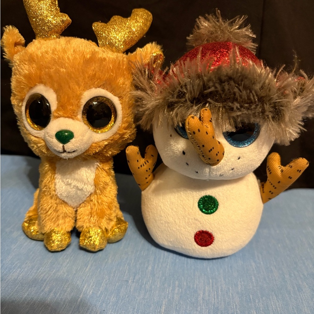 Ty Stuffed Animals Gold Reindeer and White Snowman Set